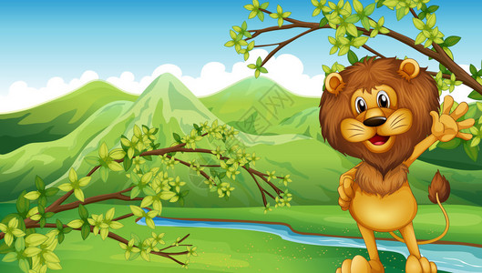一头狮子在河和高山前的插图图片