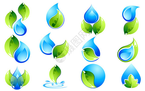 孤立背景的一组水和树叶图标插图以孤图片