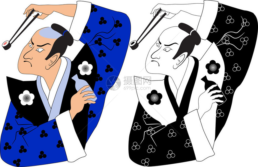 用筷子夹着寿司卷的武士的黑白和彩色变化图片