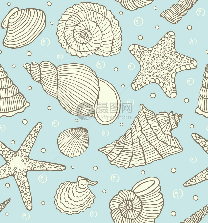 海洋贝壳无缝图案的矢量图解图片