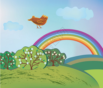 春天风景与彩虹和鸟卡通图片