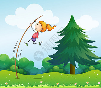 一个女孩在山上玩棍子的插图图片
