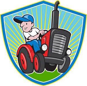 说明一名农民工人驾驶一辆旧式拖拉机背景图片
