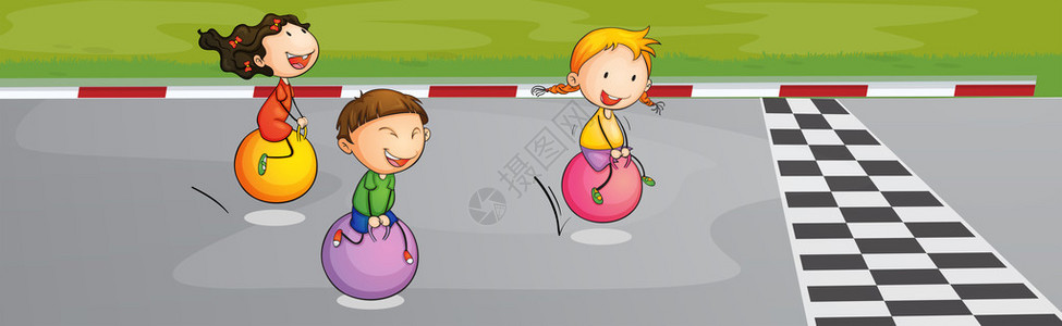 三个孩子在街上赛跑的插图图片