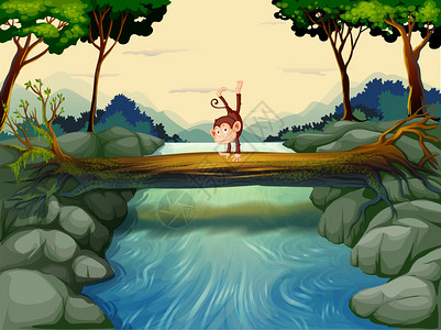 一只猴子在河边干上方的插图图片