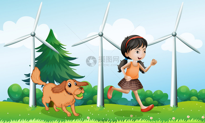 一个女孩在风车附近和她的狗玩耍的插图图片