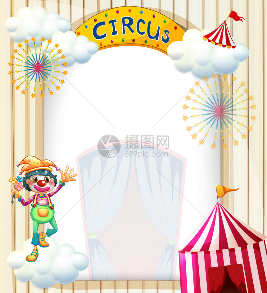 说明一个小丑在马戏团在白色背图片
