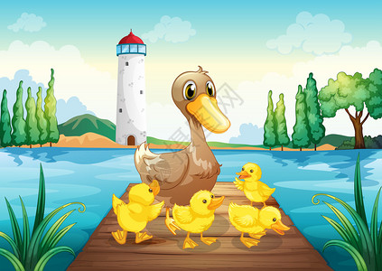 瓦尔帕罗拉木桥上一只母鸭和四只小鸭子的插图插画