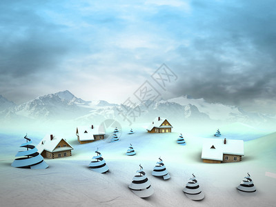 以高山地貌图绘制的冬季村庄前景图片
