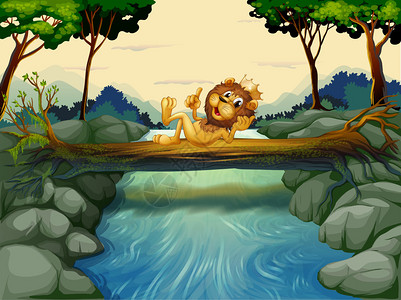 一只戴着王冠的狮子在河边的插图图片