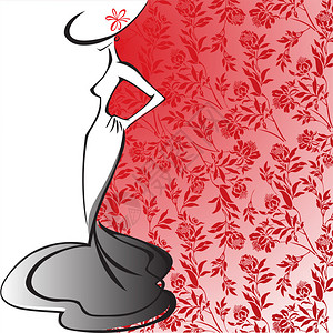 红色花朵背景下身着长裙的苗条女人的剪影图片