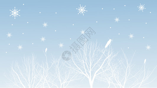 雪花下树木和鸟儿的插图图片