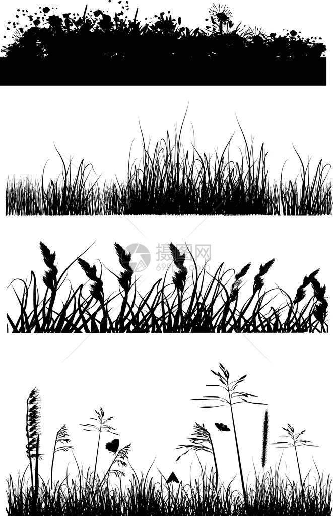 插图与孤立的白色背景上的草剪影图片