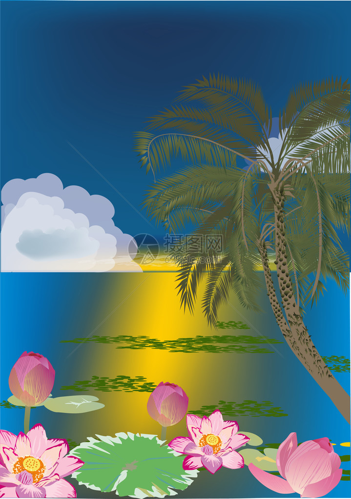 水中的棕榈树和莲花的插图图片