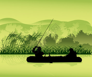 森林湖中渔民剪影的插图图片