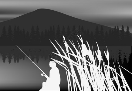 插图与夜间渔夫剪影图片