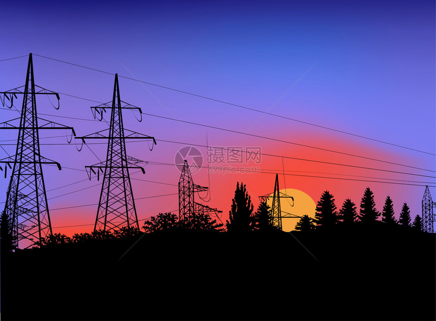 日落背景上带有电源线的插图图片