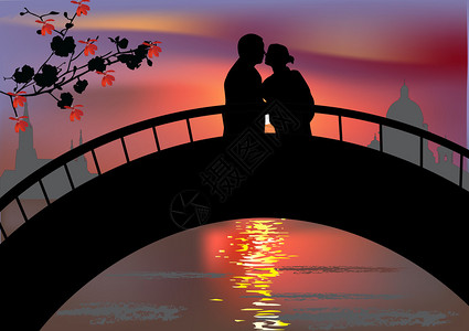 湘江一桥日落时桥上有一插画