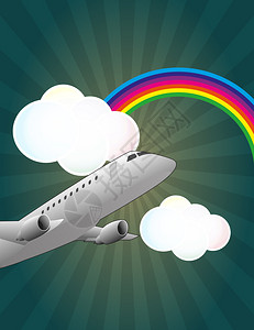 有云和彩虹的飞机插图图片