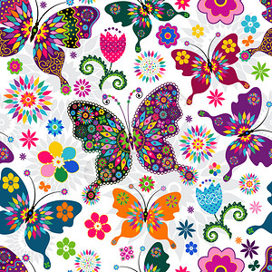 法尔斯特博无缝春季白花纹形态有多彩的蝴蝶和插画