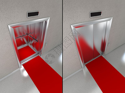 五金一银带红地毯的电梯两张图片一张打开门一插画