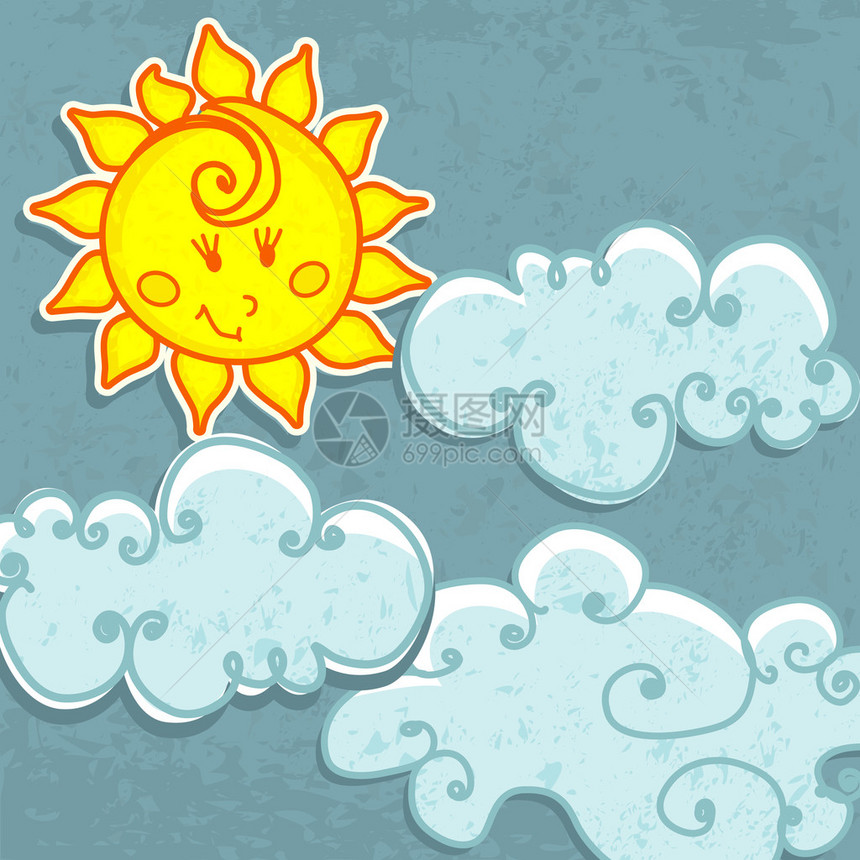 矢量可爱手绘风格纸太阳和云图图片