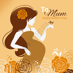 复古背景与美丽孕妇的剪影母亲节快乐卡片图片