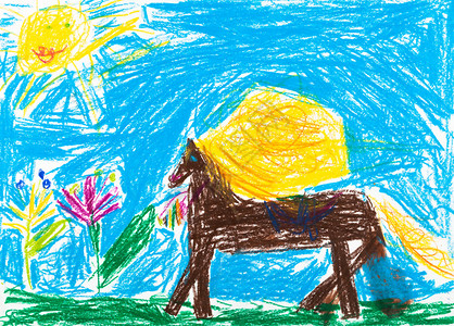 儿童绘画马和草图片