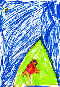 儿童画一名女孩在夜间旅游营图片