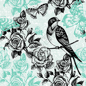 古老的无缝花卉模式用鸟和蝴蝶图片