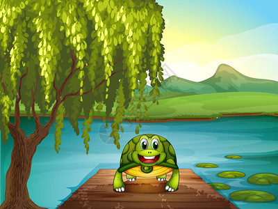 池塘边一只微笑的乌龟的插图图片