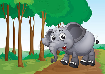 一头大象在森林里微笑的插图图片