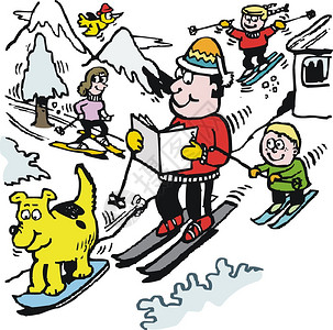 在山坡上阅读报纸的快乐滑雪图片
