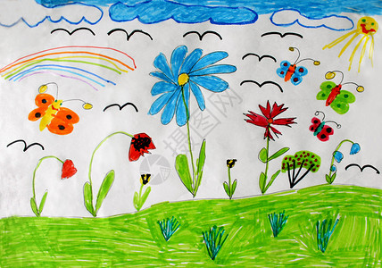 五彩缤纷的儿童画与蝴蝶和花朵图片