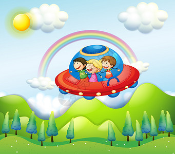 乘坐宇宙飞船的三个孩子的插图图片