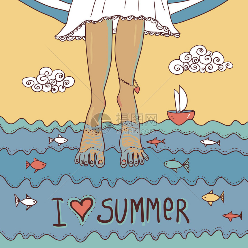 与腿在海中的夏季卡图片