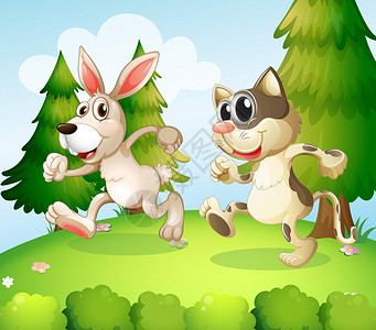 一只兔子和一只猫在山上奔跑的插图图片
