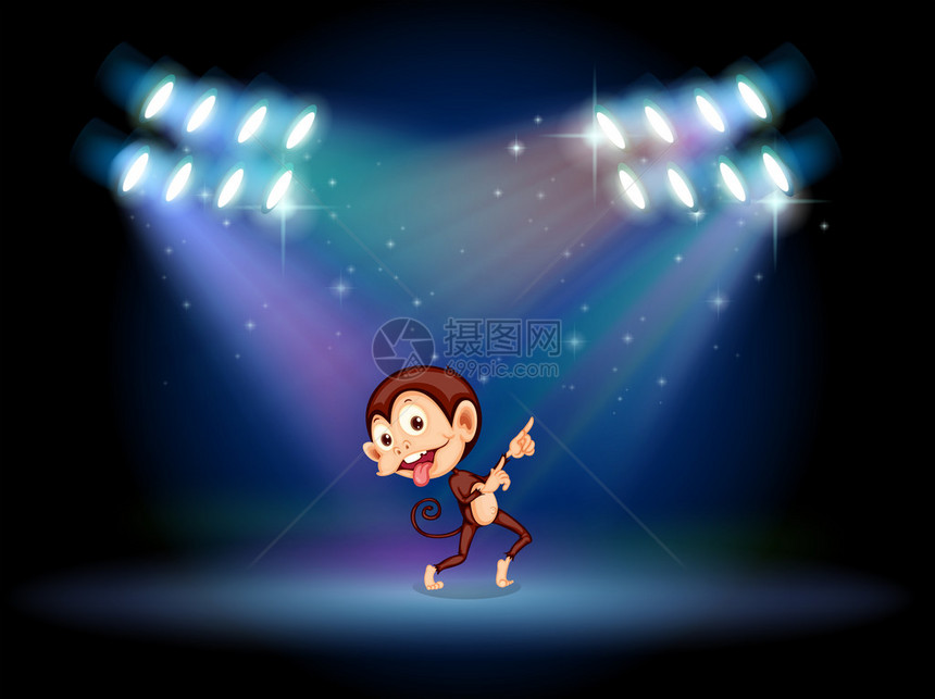 一只顽皮的猴子在舞台中间跳舞的插图图片