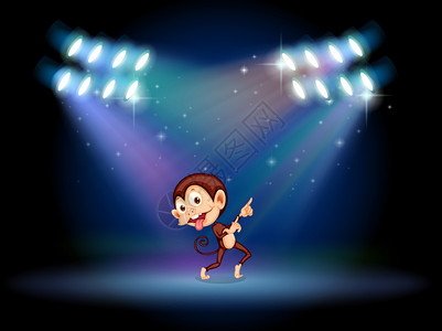 一只顽皮的猴子在舞台中间跳舞的插图图片