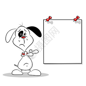 一只悲伤的卡通狗指着一张带复制空图片