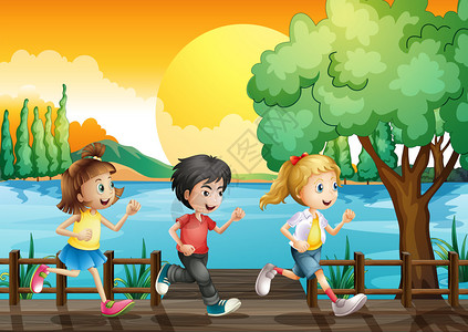 三个孩子在港口奔跑的插图图片