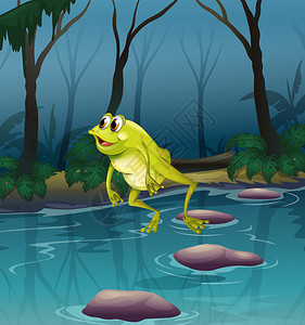 青蛙在森林里的池塘里跳跃的插图图片