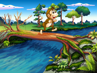 一只猴子过河的插图图片