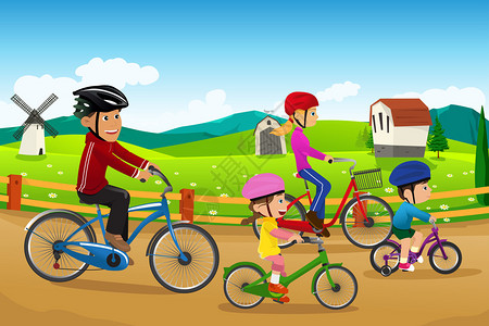 农村地区幸福家庭一起骑车的矢量说明农村图片