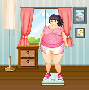 体重秤上的胖女孩的插图图片