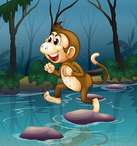一只猴子在过河时微笑的插图图片