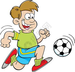 一个男孩踢足球的卡通插图图片