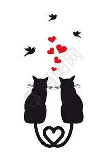 猫爱上了红心和鸟矢量图图片