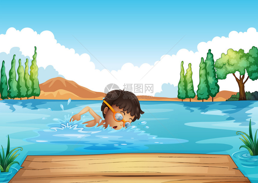 一个年轻人在河里游泳的插图图片
