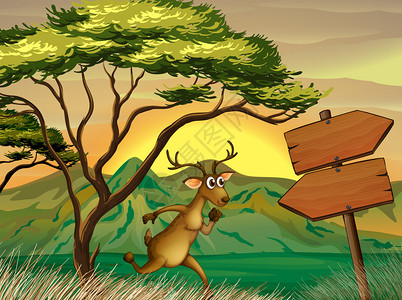 一只鹿跟随木制箭头板的插图图片